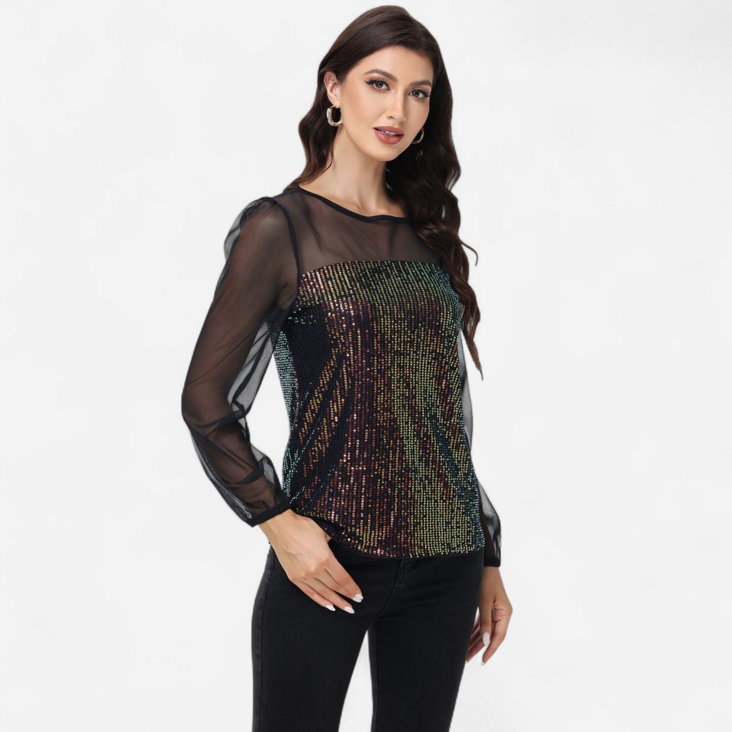 Sheer Mesh Long Sleeve Top with Sequin Front Panel and Crew Neckline