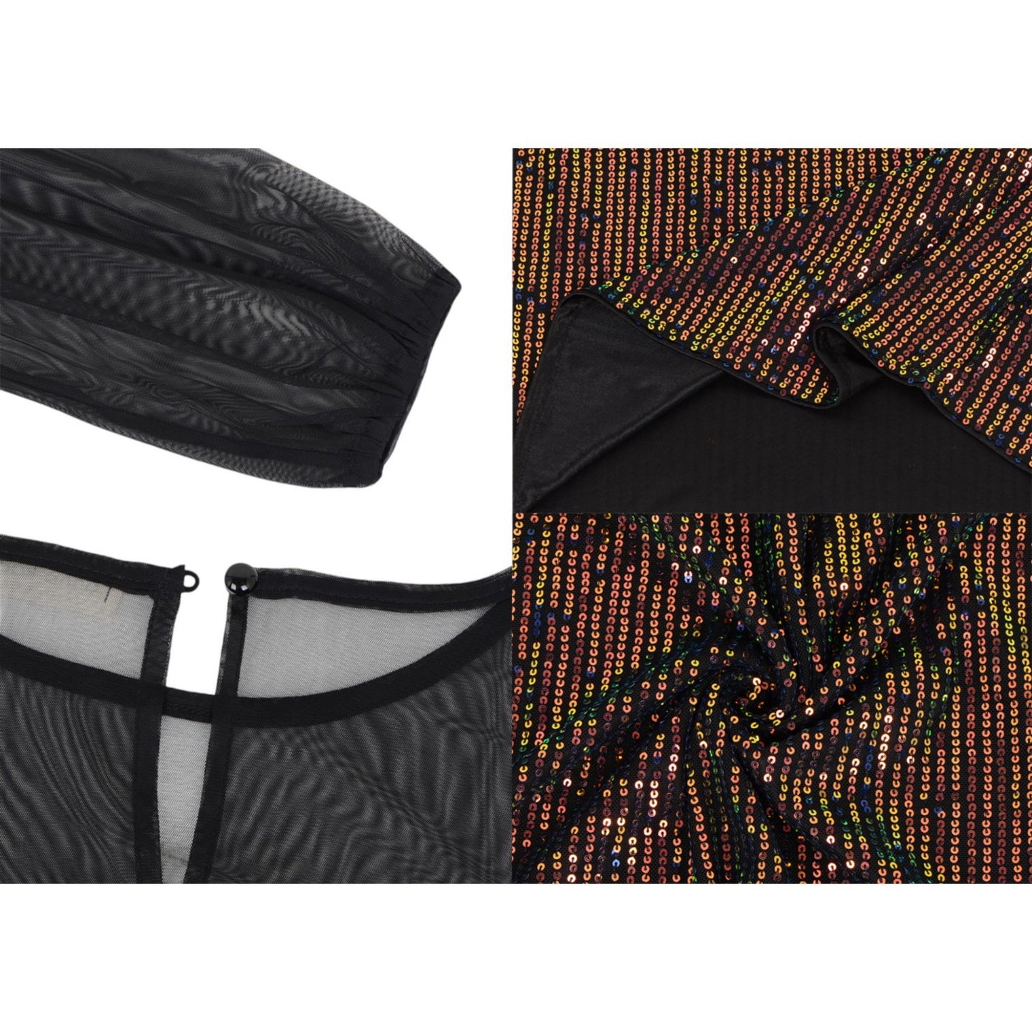 Sheer Mesh Long Sleeve Top with Sequin Front Panel and Crew Neckline