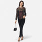 Sheer Mesh Long Sleeve Top with Sequin Front Panel and Crew Neckline