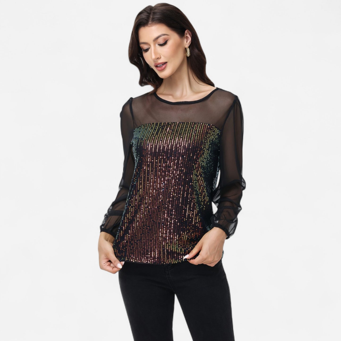 Sheer Mesh Long Sleeve Top with Sequin Front Panel and Crew Neckline