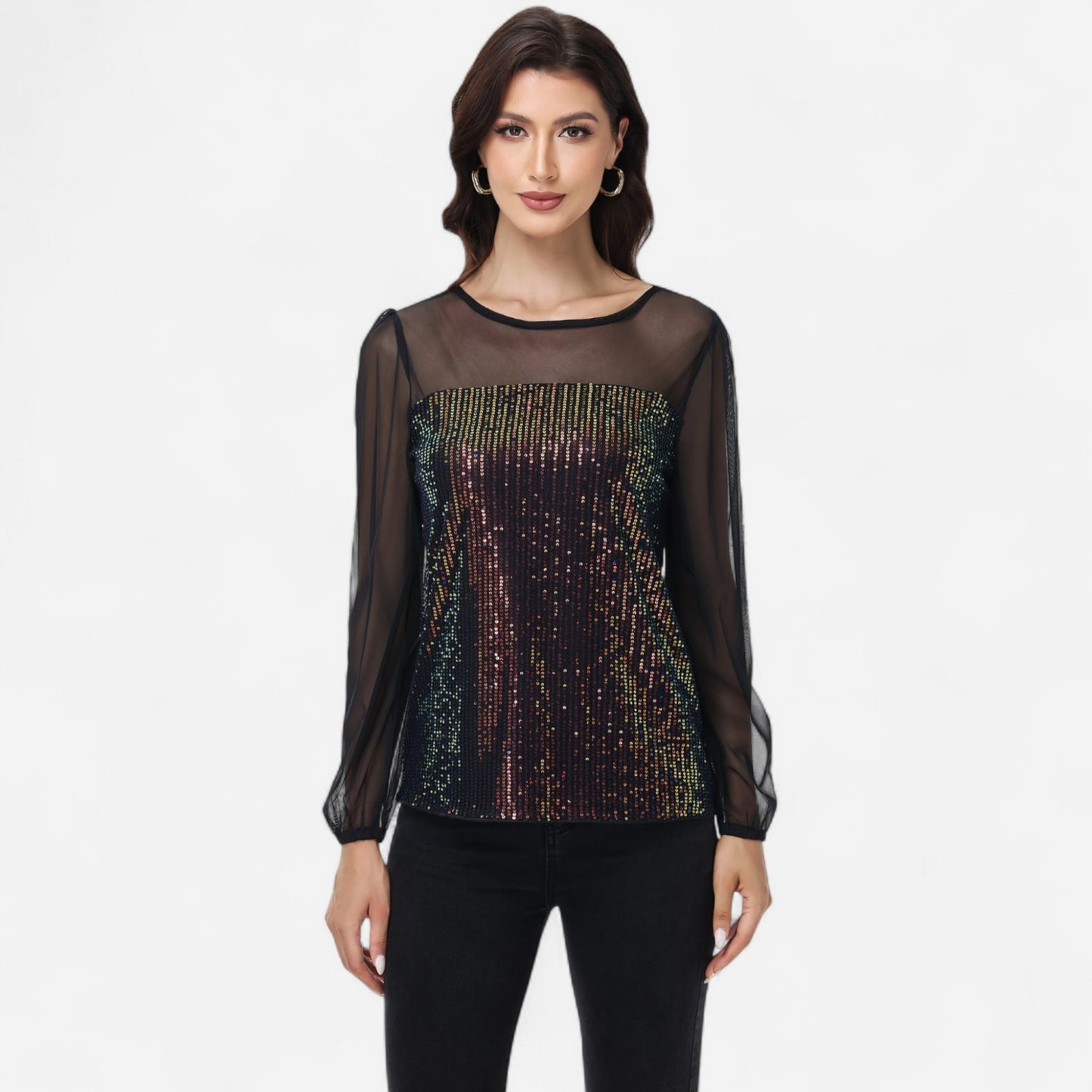 Sheer Mesh Long Sleeve Top with Sequin Front Panel and Crew Neckline