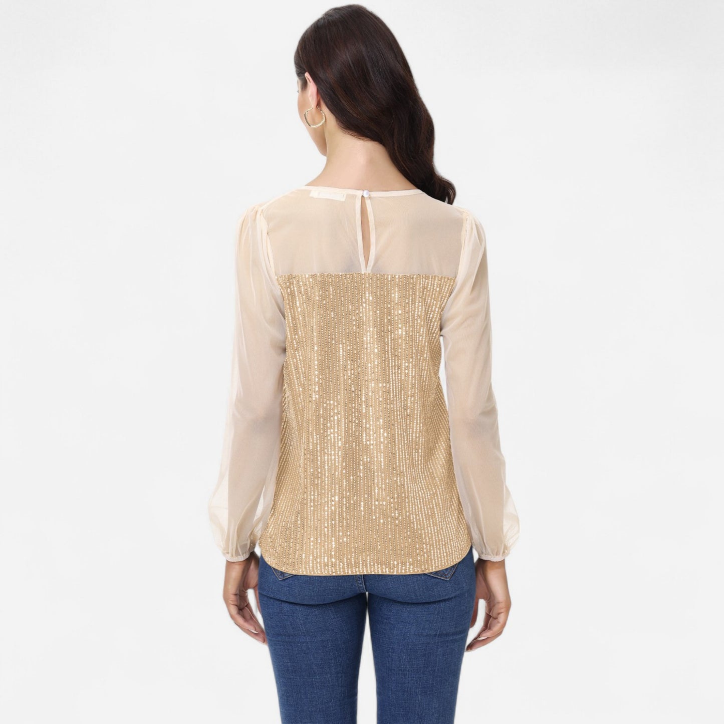 Sheer Mesh Long Sleeve Top with Sequin Front Panel and Crew Neckline