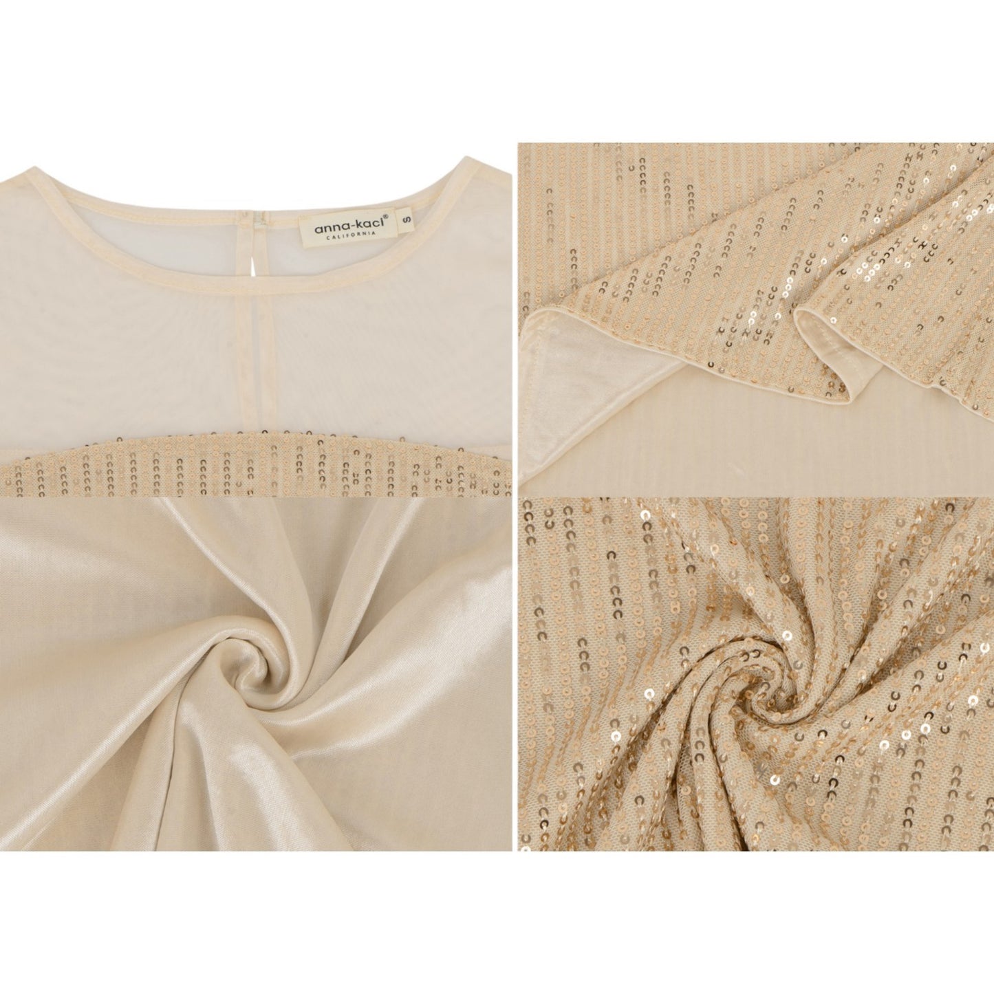 Sheer Mesh Long Sleeve Top with Sequin Front Panel and Crew Neckline