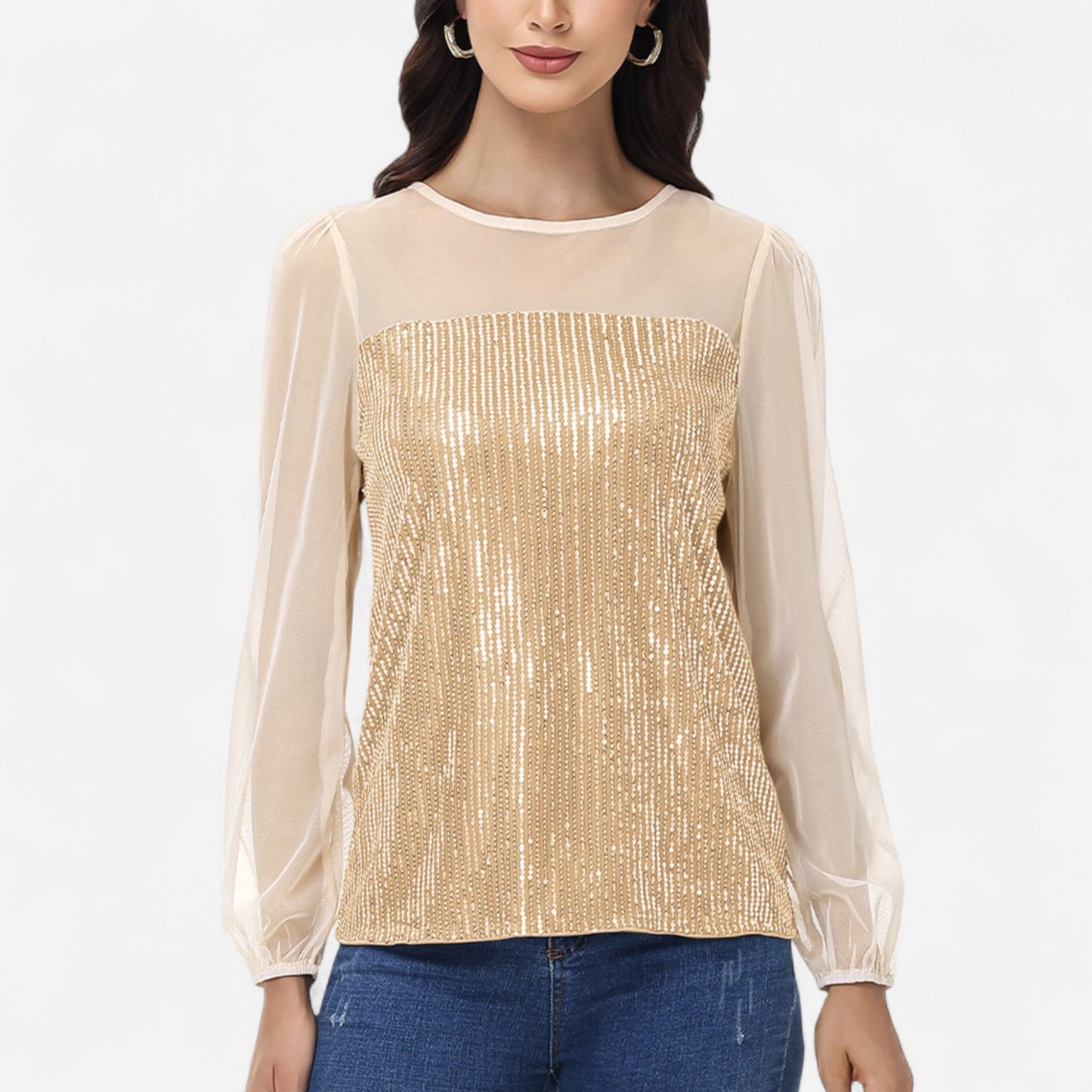 Sheer Mesh Long Sleeve Top with Sequin Front Panel and Crew Neckline