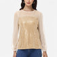 Sheer Mesh Long Sleeve Top with Sequin Front Panel and Crew Neckline