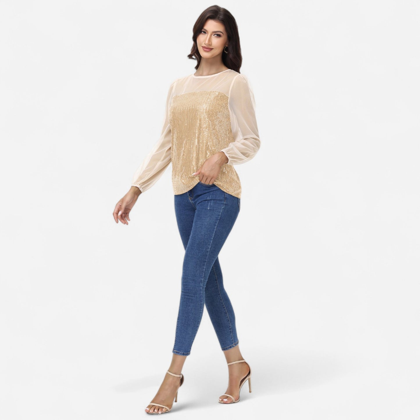 Sheer Mesh Long Sleeve Top with Sequin Front Panel and Crew Neckline
