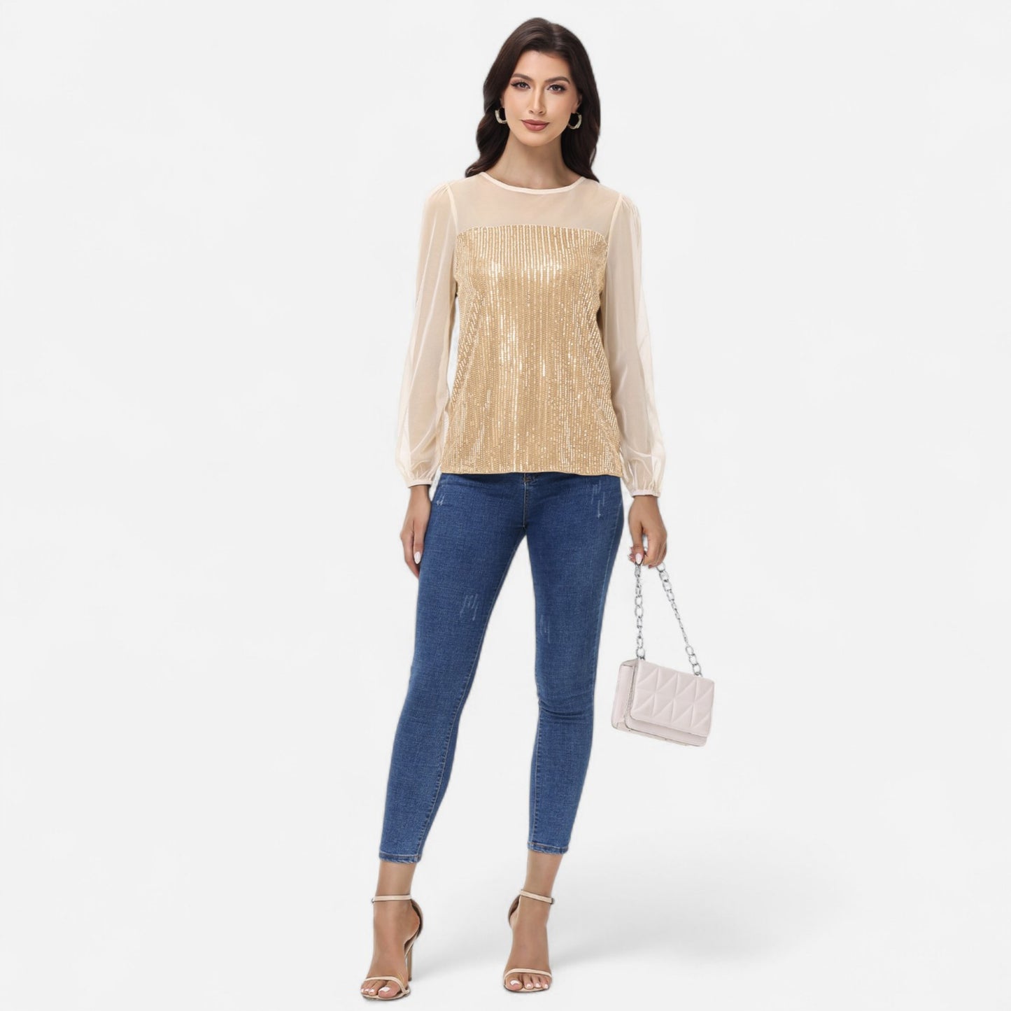 Sheer Mesh Long Sleeve Top with Sequin Front Panel and Crew Neckline