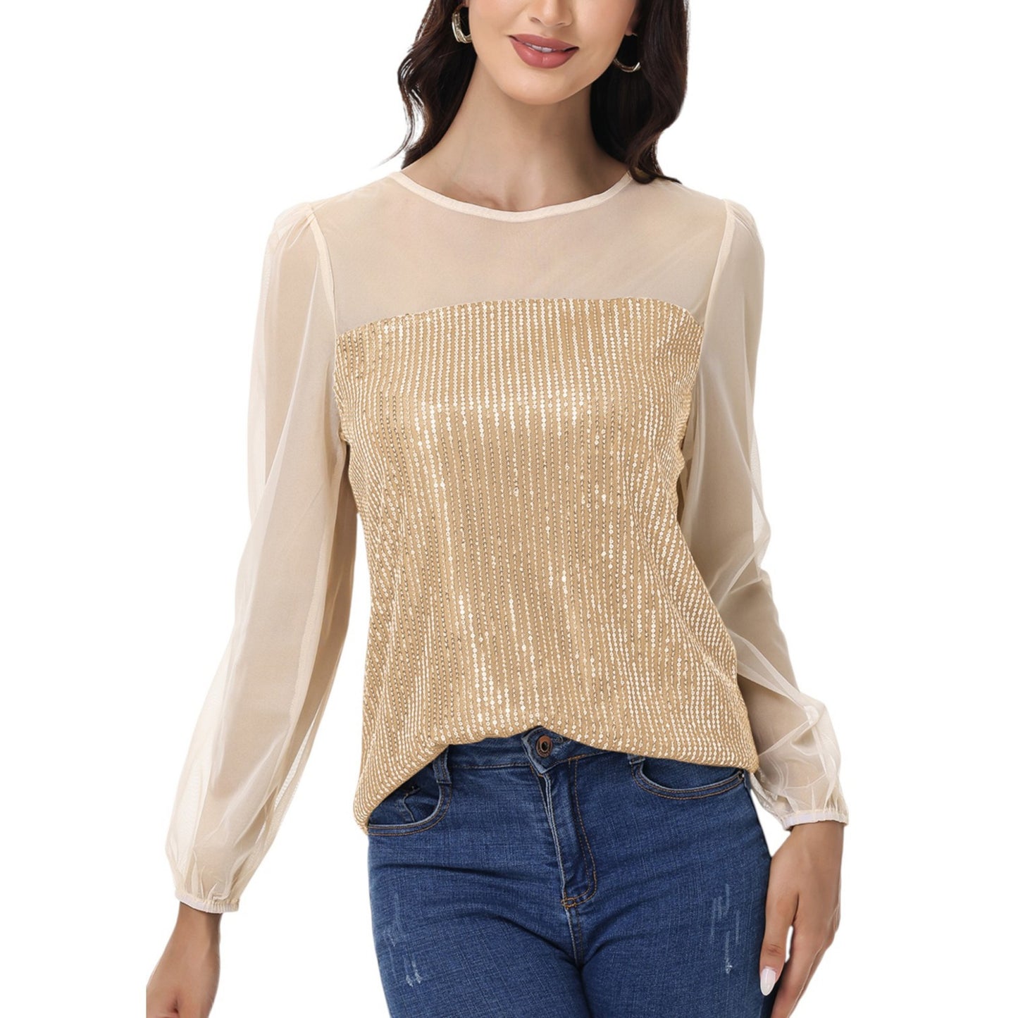 Sheer Mesh Long Sleeve Top with Sequin Front Panel and Crew Neckline