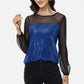 Sheer Mesh Long Sleeve Top with Sequin Front Panel and Crew Neckline