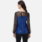 Sheer Mesh Long Sleeve Top with Sequin Front Panel and Crew Neckline