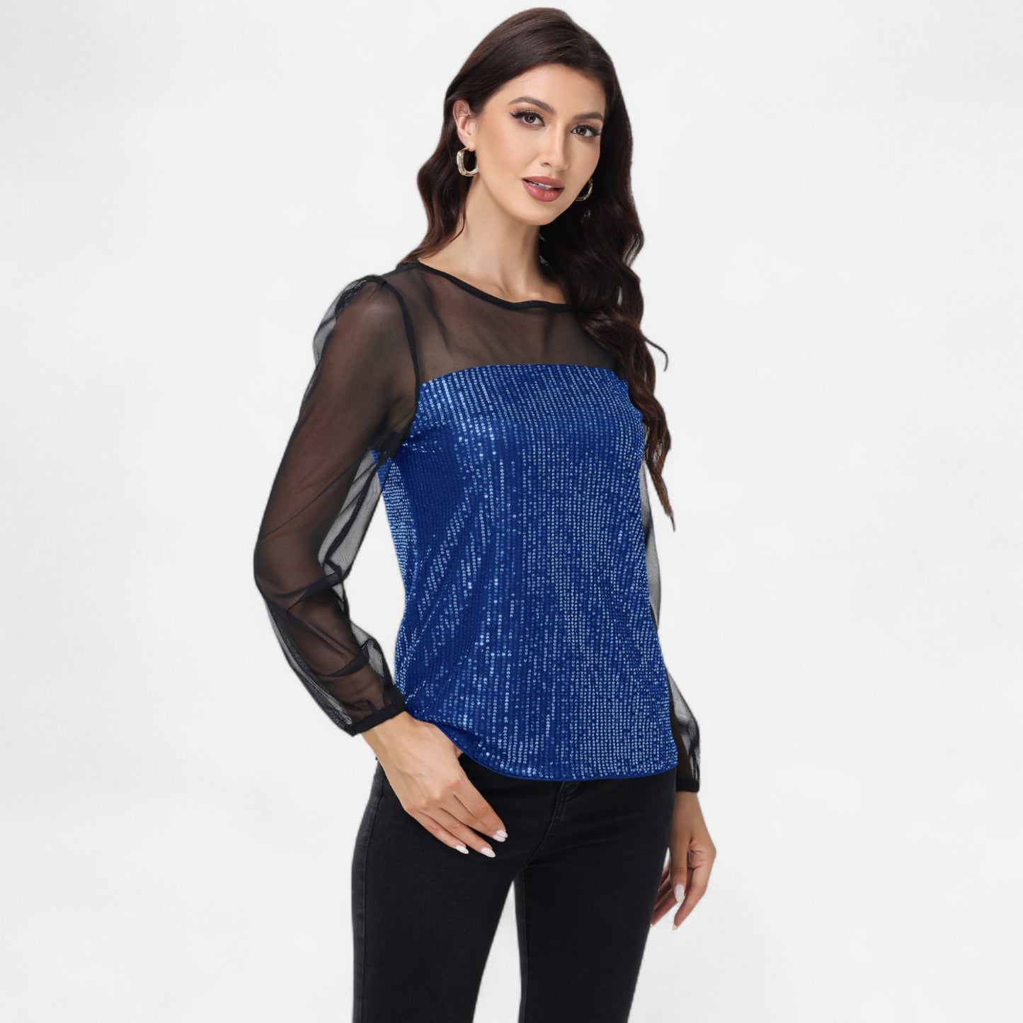 Sheer Mesh Long Sleeve Top with Sequin Front Panel and Crew Neckline