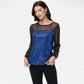 Sheer Mesh Long Sleeve Top with Sequin Front Panel and Crew Neckline