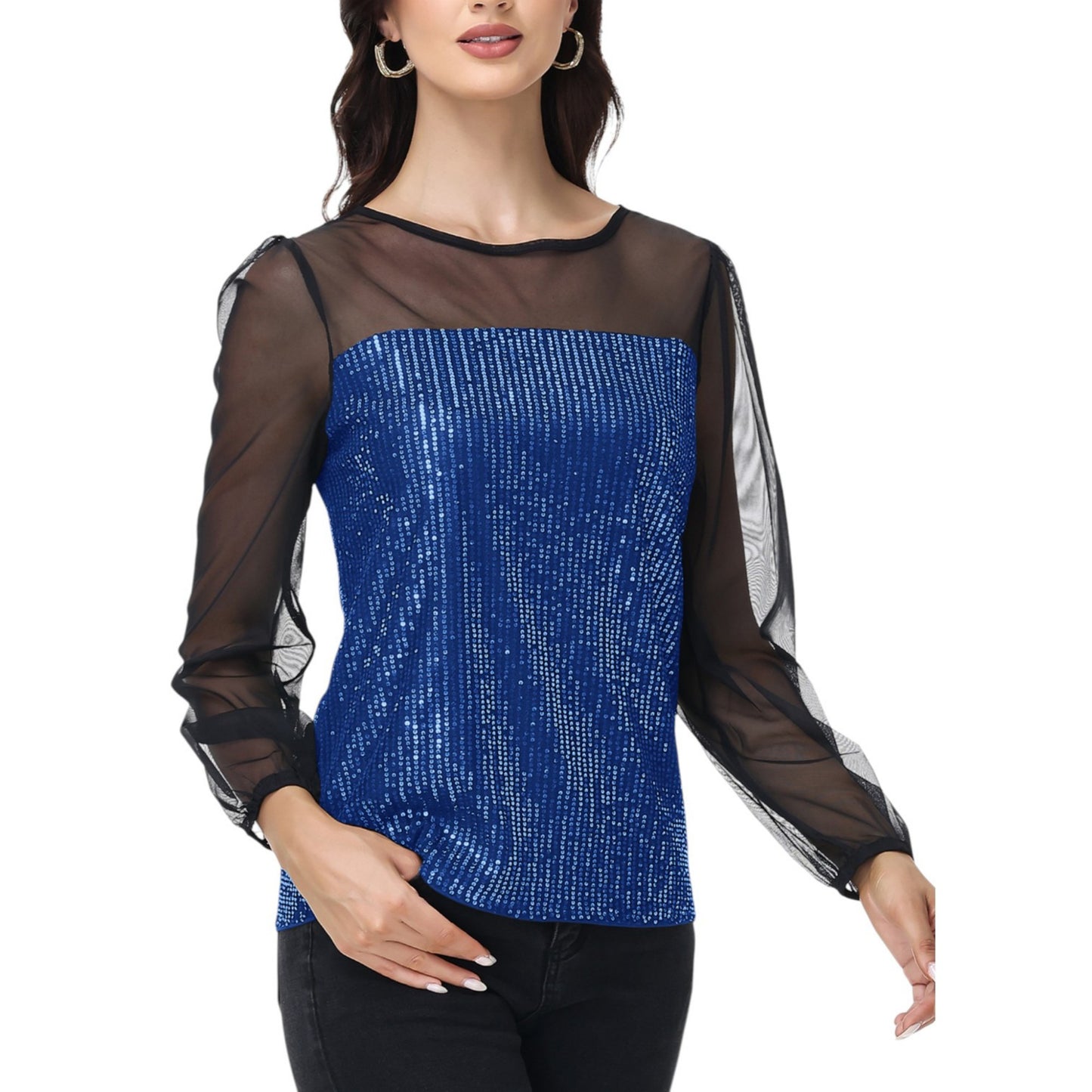 Sheer Mesh Long Sleeve Top with Sequin Front Panel and Crew Neckline