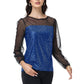 Sheer Mesh Long Sleeve Top with Sequin Front Panel and Crew Neckline
