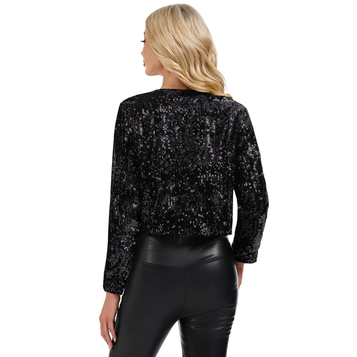 Sequin Open Front Cardigan with Long Sleeves and Cropped Fit