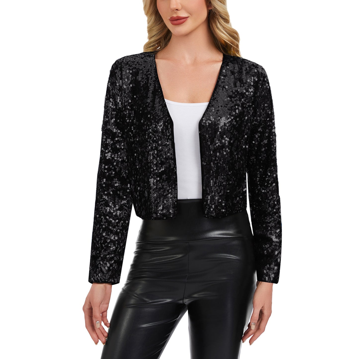 Sequin Open Front Cardigan with Long Sleeves and Cropped Fit