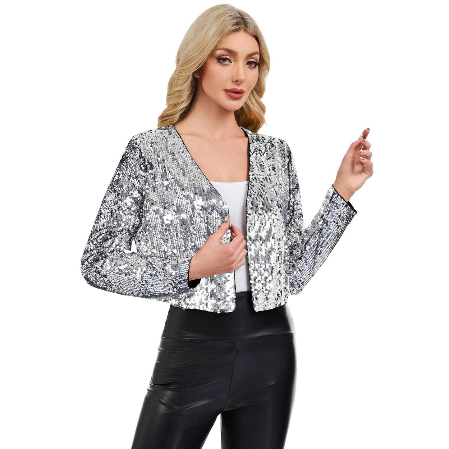 Sequin Open Front Cardigan with Long Sleeves and Cropped Fit