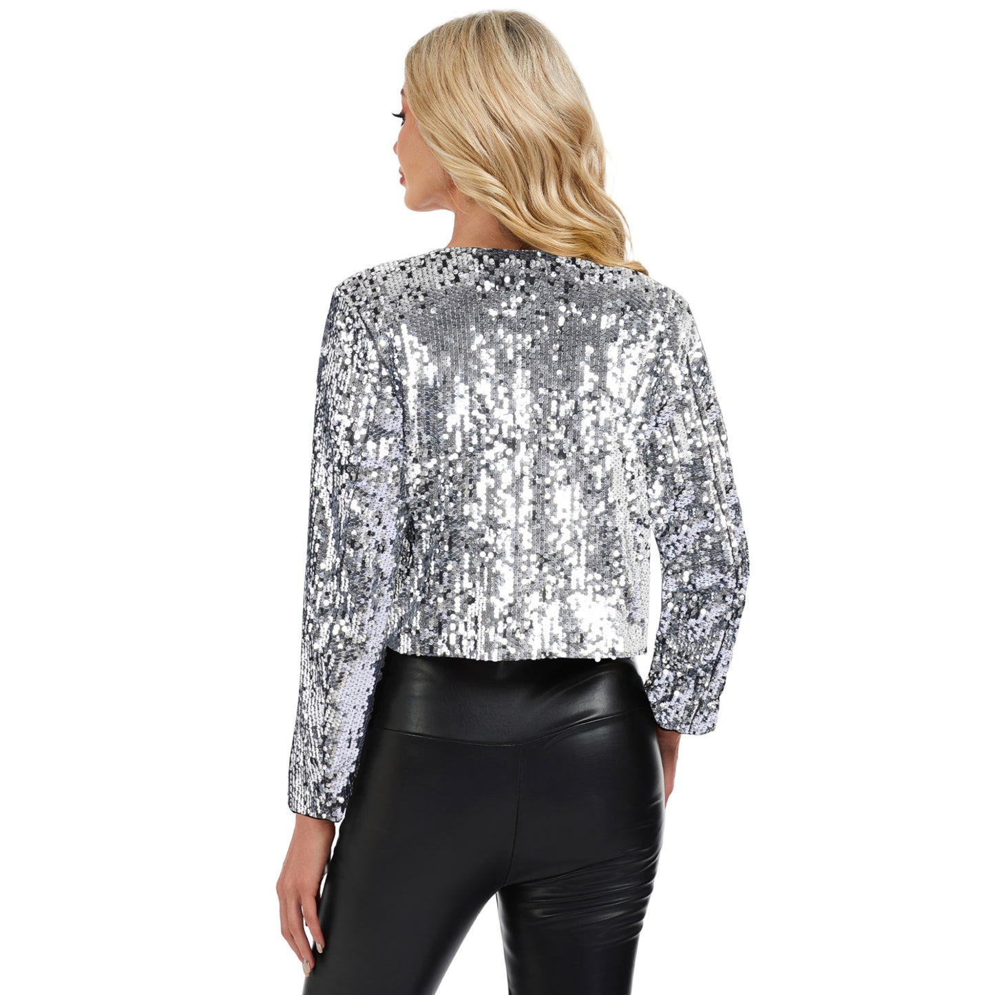 Sequin Open Front Cardigan with Long Sleeves and Cropped Fit