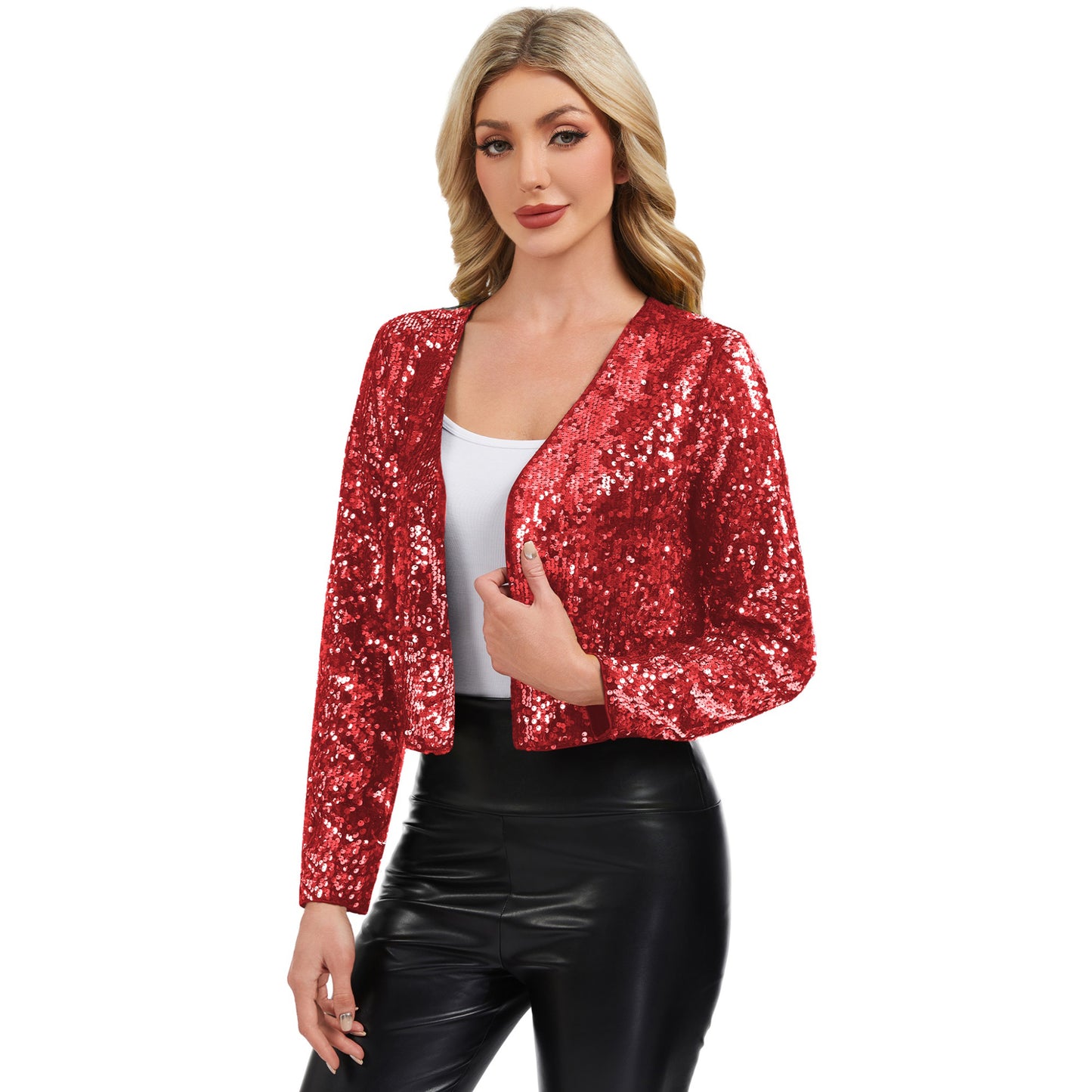 Sequin Open Front Cardigan with Long Sleeves and Cropped Fit
