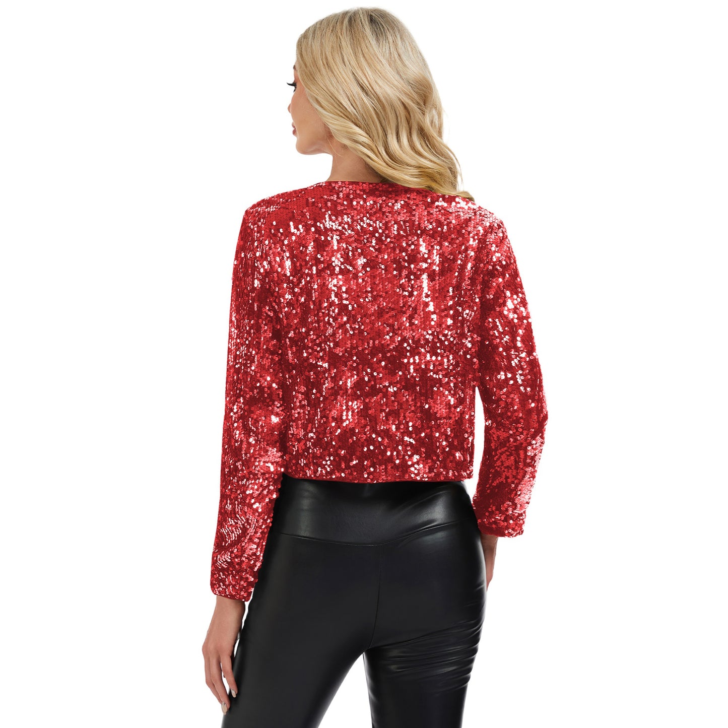 Sequin Open Front Cardigan with Long Sleeves and Cropped Fit
