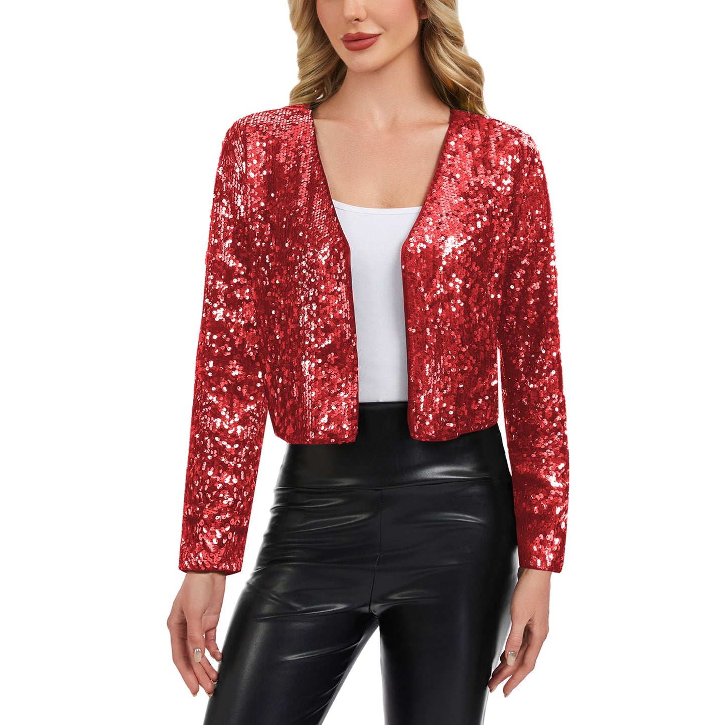 Sequin Open Front Cardigan with Long Sleeves and Cropped Fit