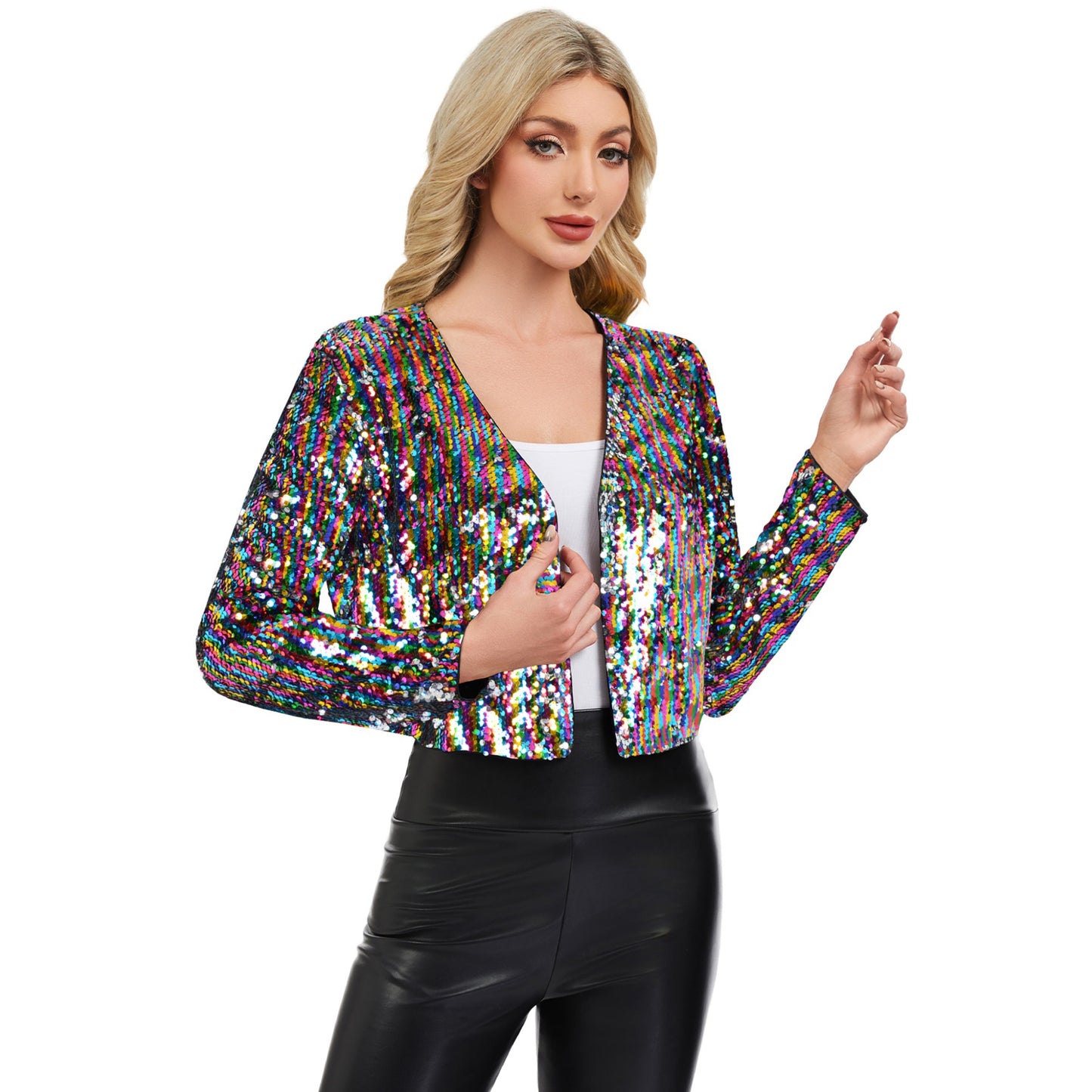 Sequin Open Front Cardigan with Long Sleeves and Cropped Fit