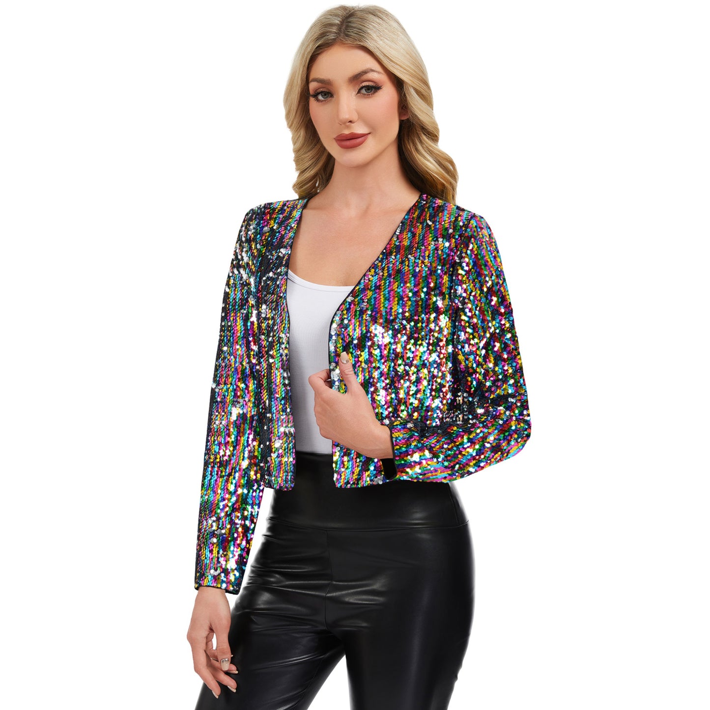 Sequin Open Front Cardigan with Long Sleeves and Cropped Fit