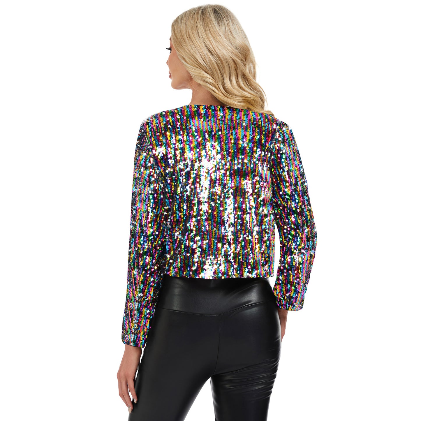 Sequin Open Front Cardigan with Long Sleeves and Cropped Fit