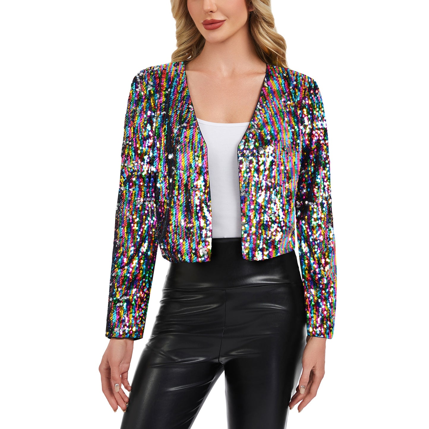 Sequin Open Front Cardigan with Long Sleeves and Cropped Fit