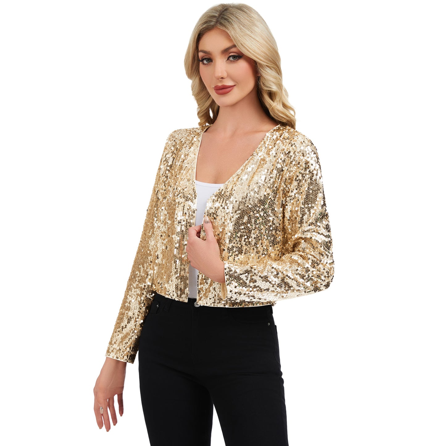 Sequin Open Front Cardigan with Long Sleeves and Cropped Fit