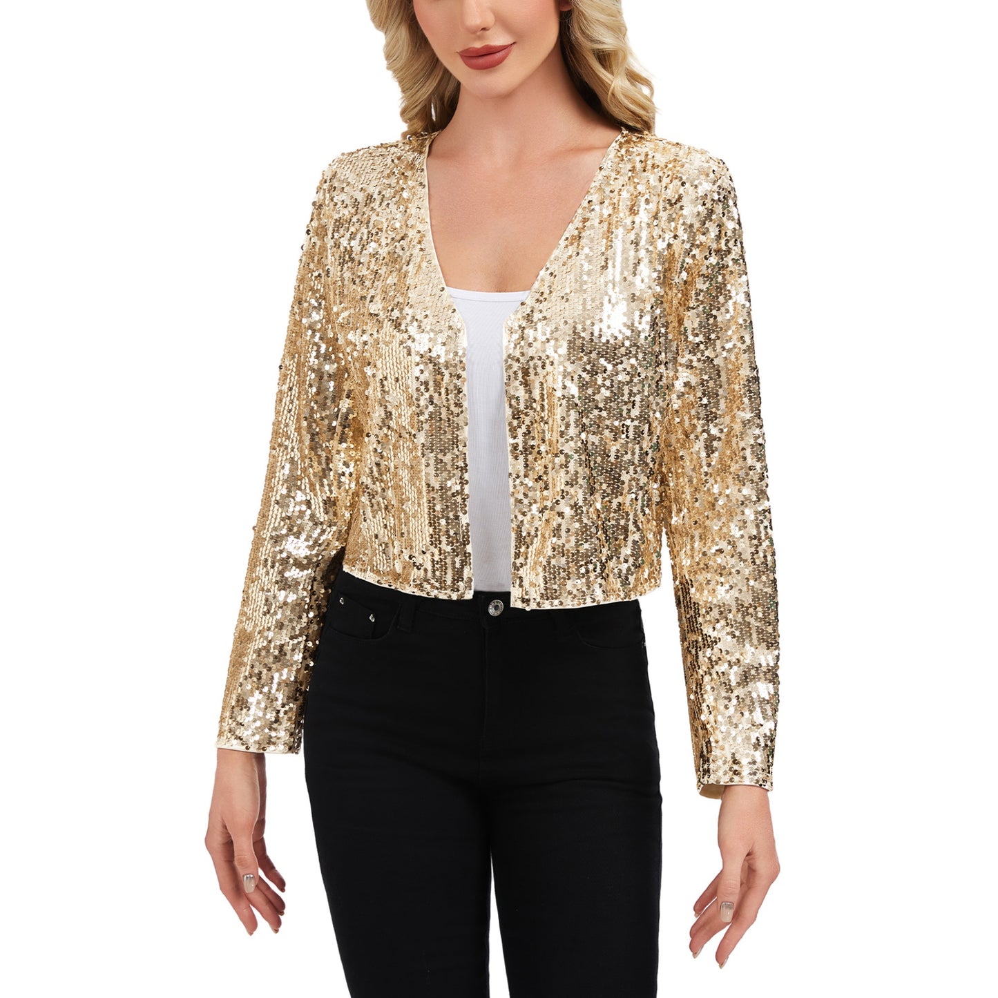 Sequin Open Front Cardigan with Long Sleeves and Cropped Fit