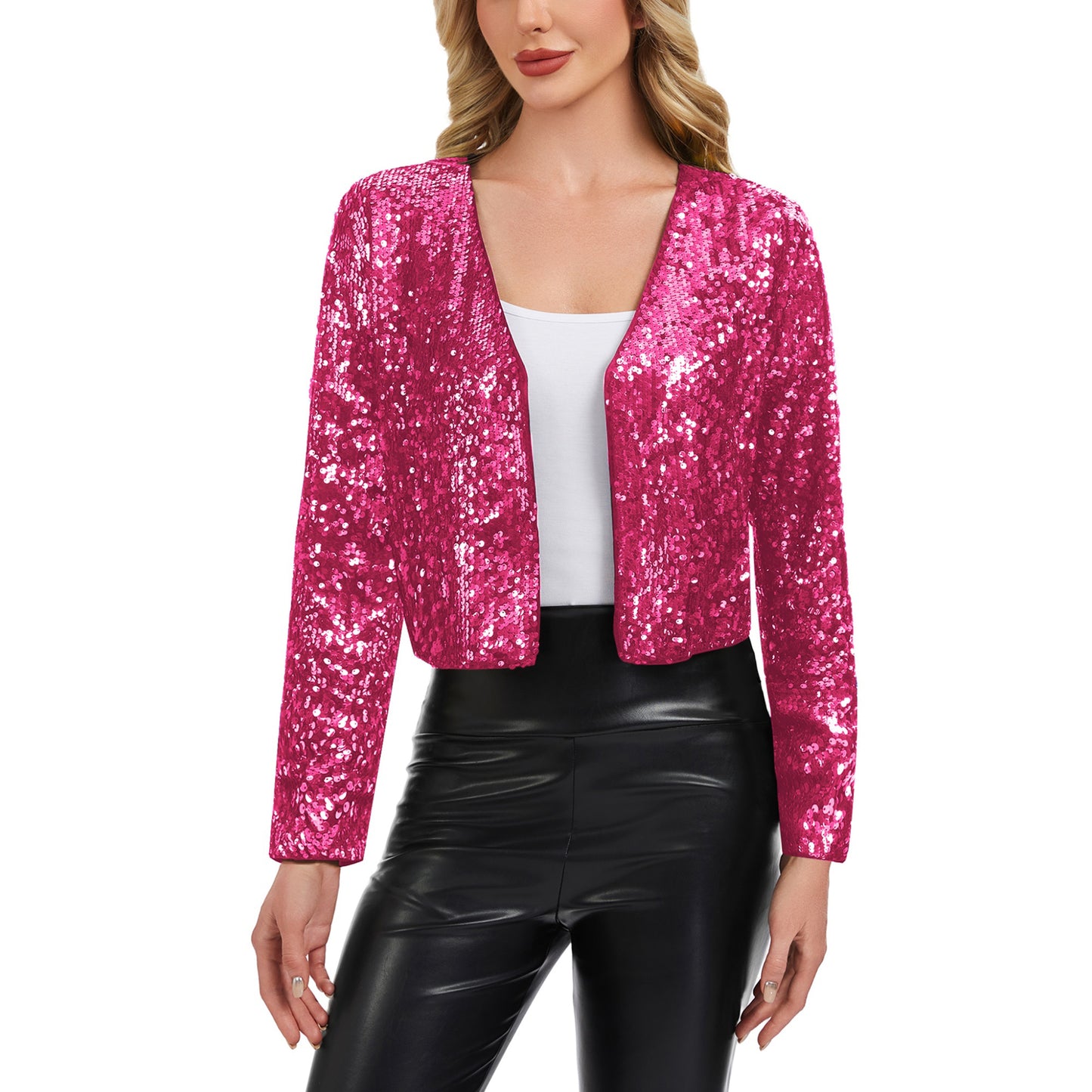 Sequin Open Front Cardigan with Long Sleeves and Cropped Fit