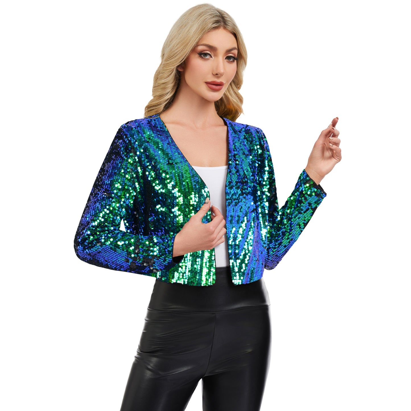 Sequin Open Front Cardigan with Long Sleeves and Cropped Fit