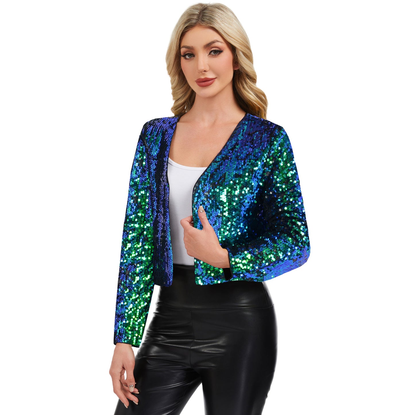 Sequin Open Front Cardigan with Long Sleeves and Cropped Fit