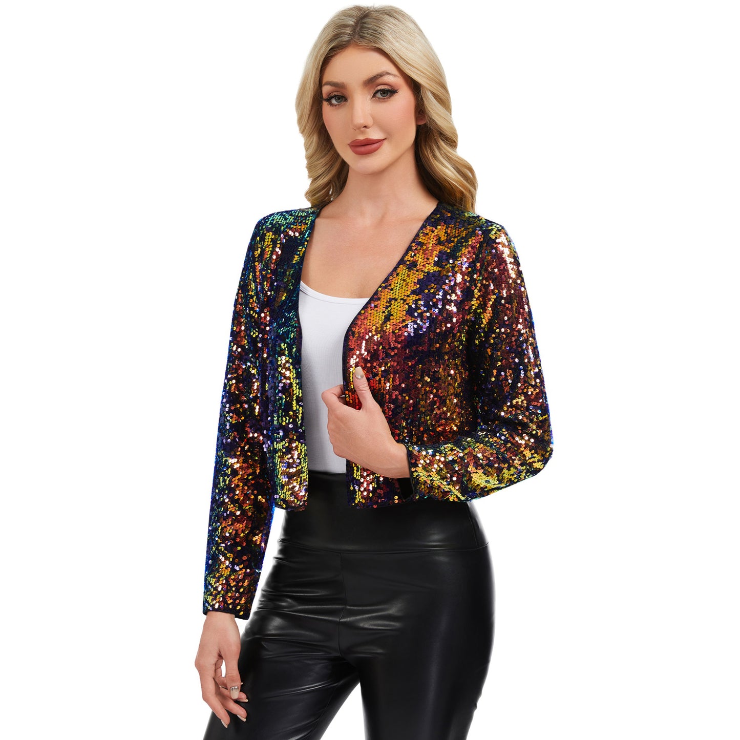 Sequin Open Front Cardigan with Long Sleeves and Cropped Fit