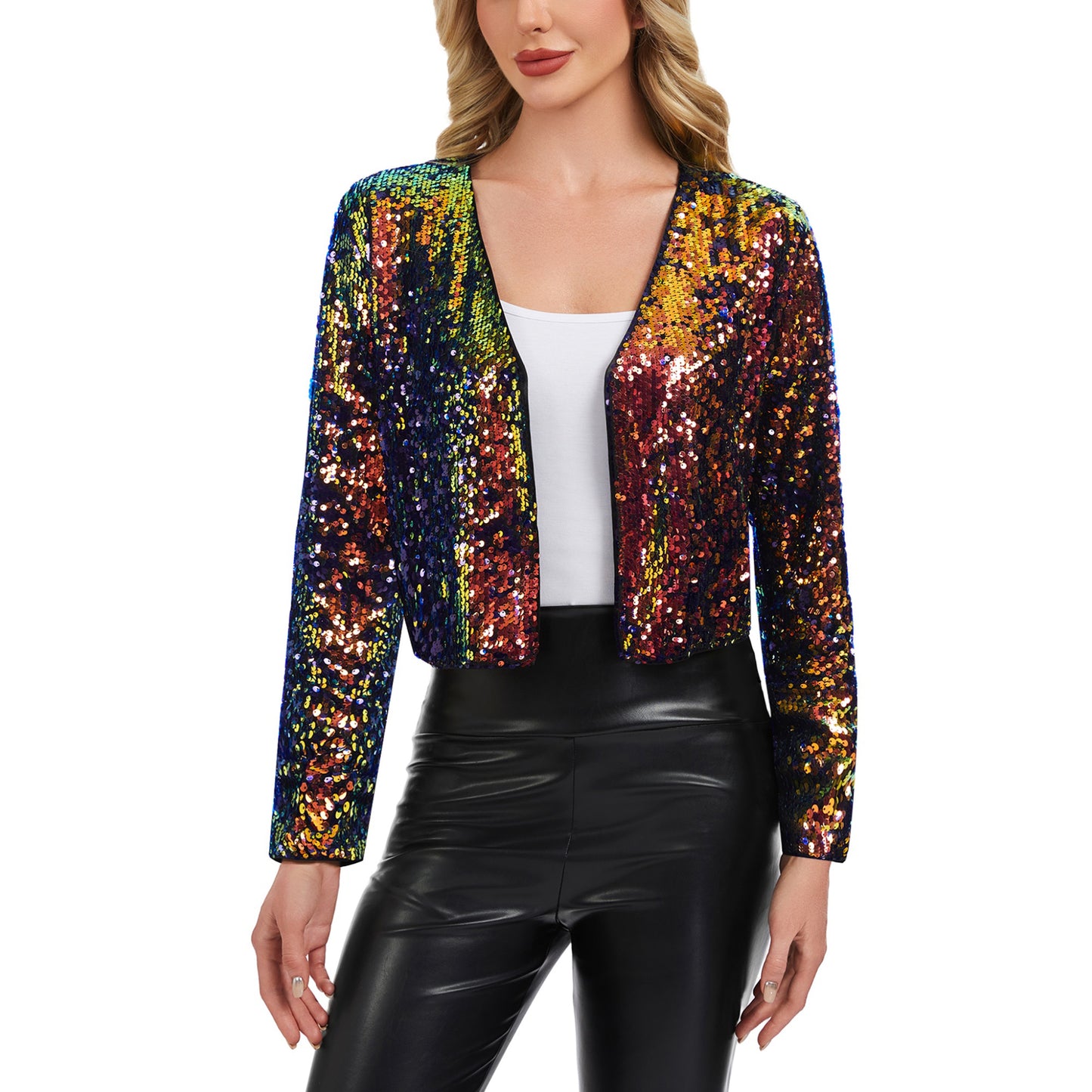 Sequin Open Front Cardigan with Long Sleeves and Cropped Fit