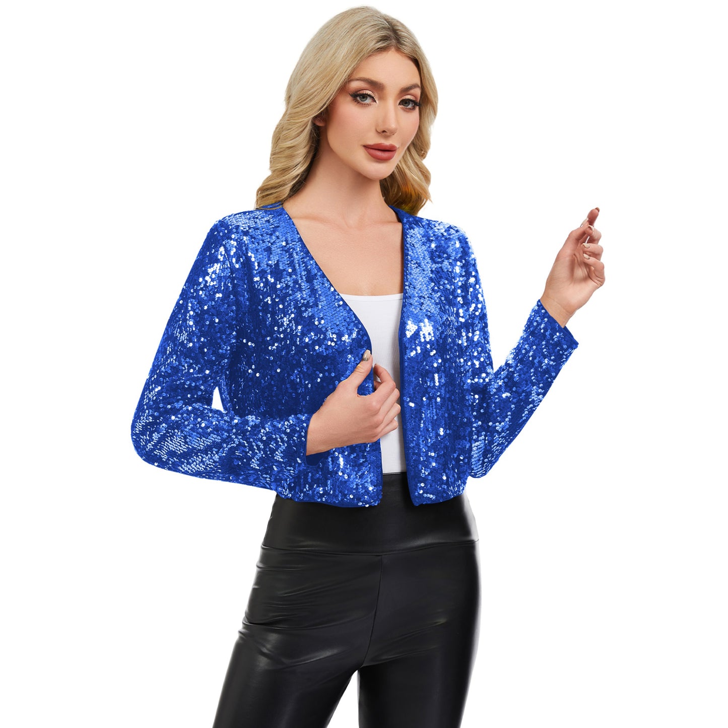 Sequin Open Front Cardigan with Long Sleeves and Cropped Fit