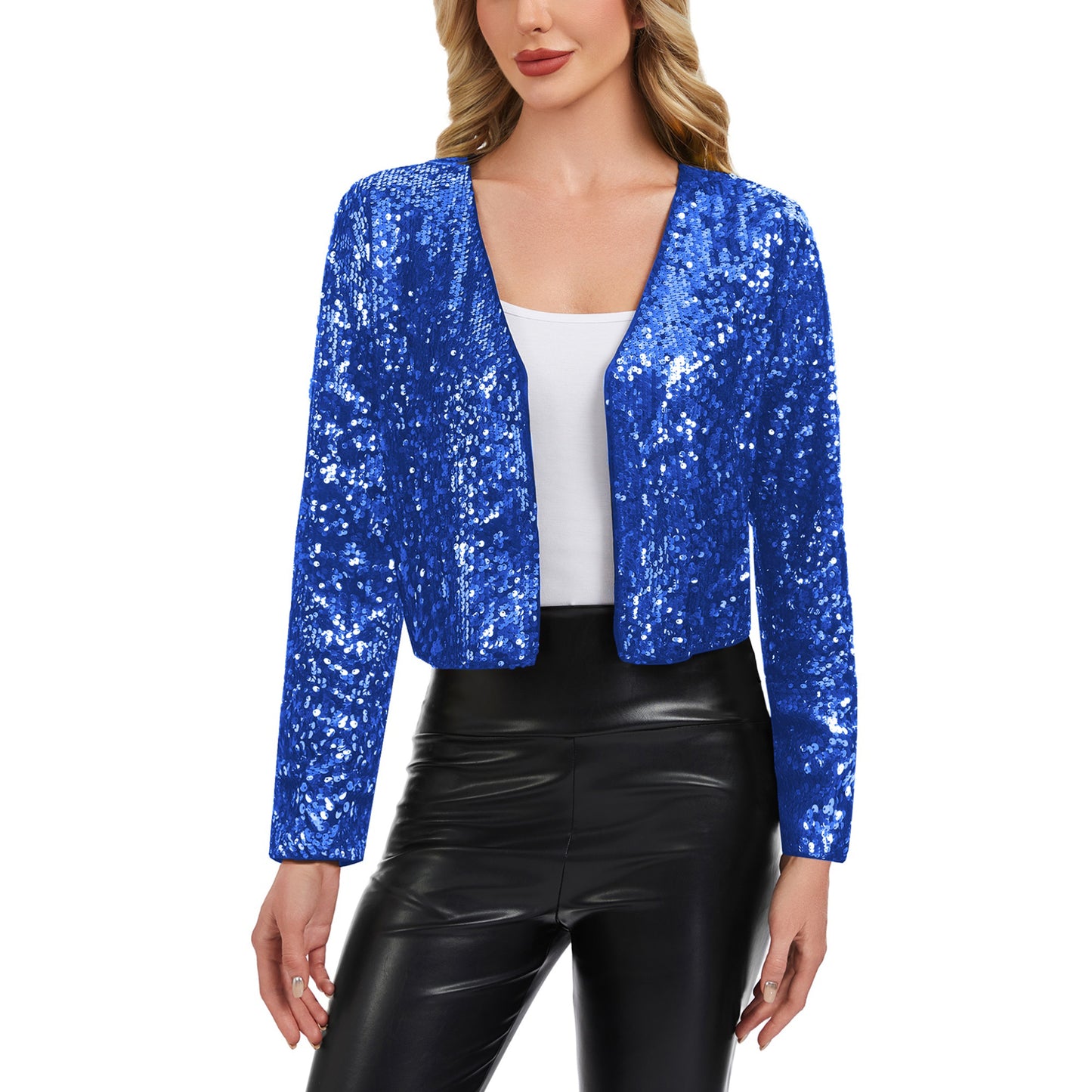 Sequin Open Front Cardigan with Long Sleeves and Cropped Fit