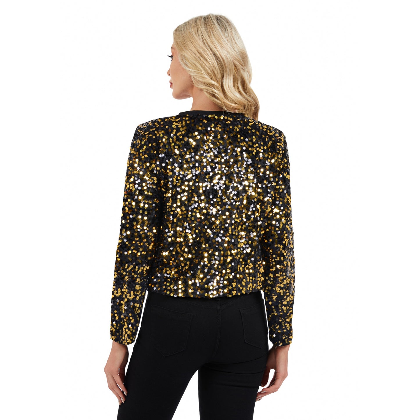 Sequin Bomber Jacket with Zipper Front and Ribbed Trim
