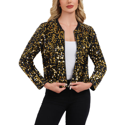 Sequin Bomber Jacket with Zipper Front and Ribbed Trim
