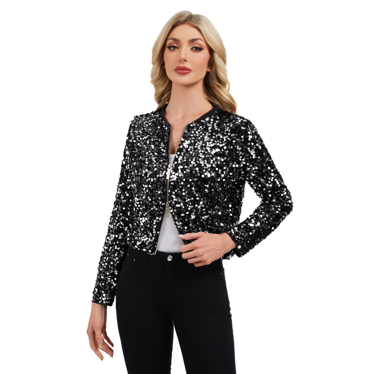 Sequin Bomber Jacket with Zipper Front and Ribbed Trim