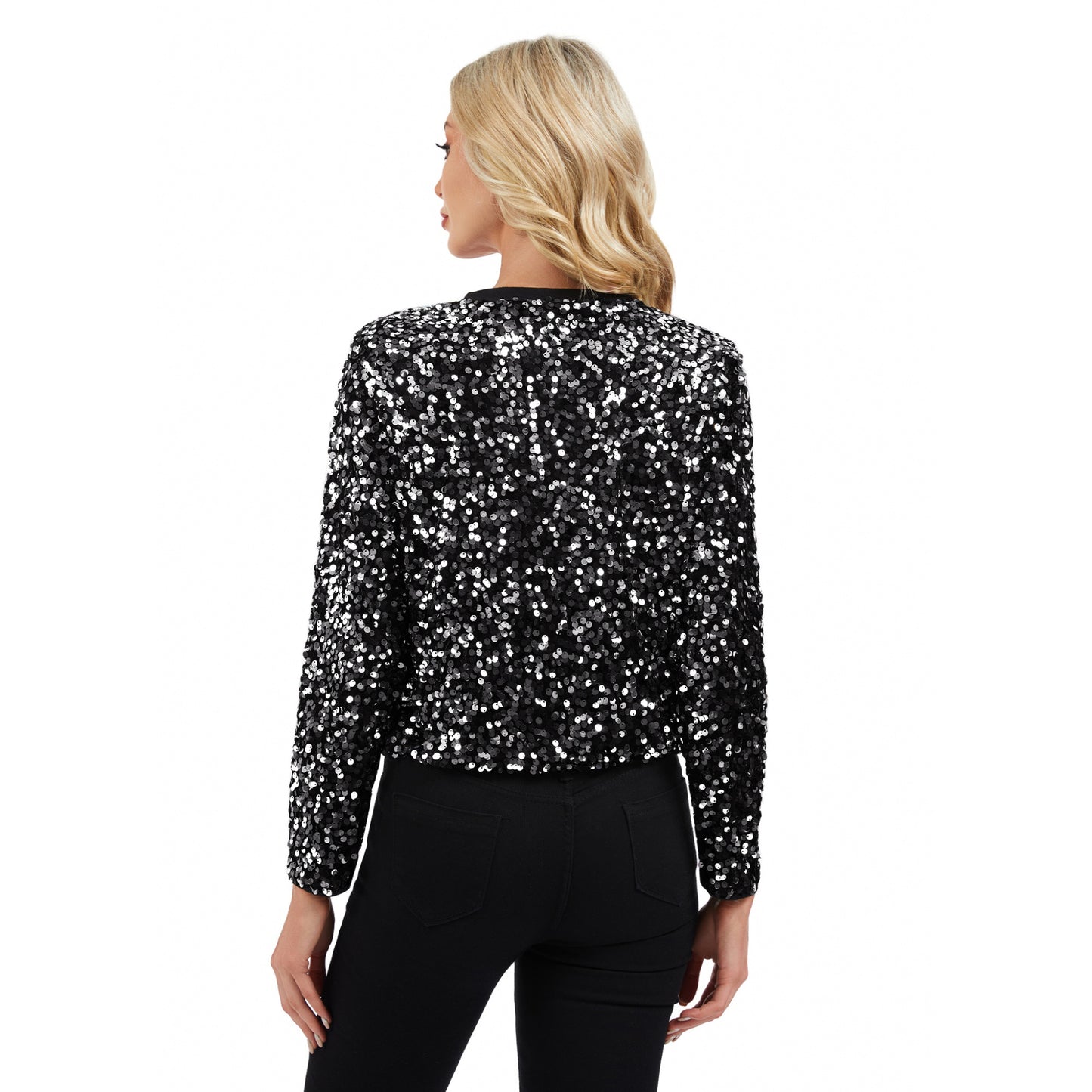 Sequin Bomber Jacket with Zipper Front and Ribbed Trim