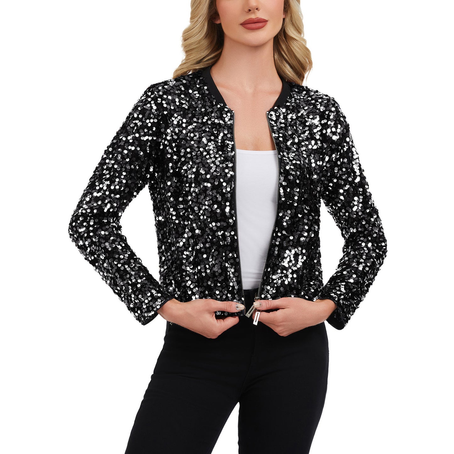 Sequin Bomber Jacket with Zipper Front and Ribbed Trim