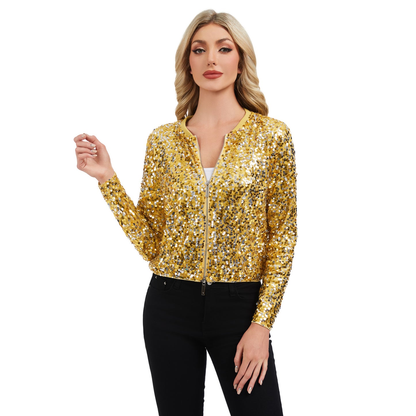 Sequin Bomber Jacket with Zipper Front and Ribbed Trim