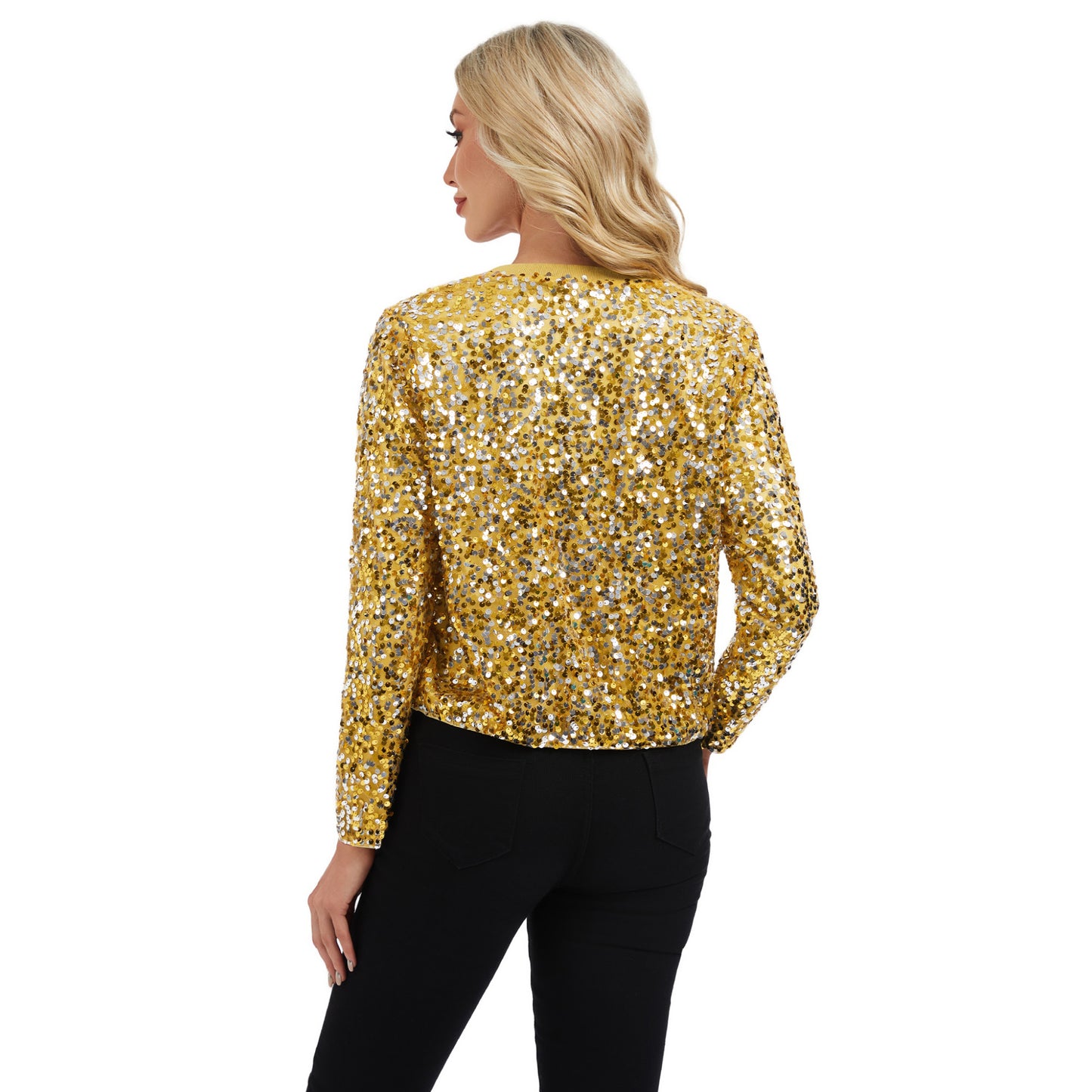 Sequin Bomber Jacket with Zipper Front and Ribbed Trim