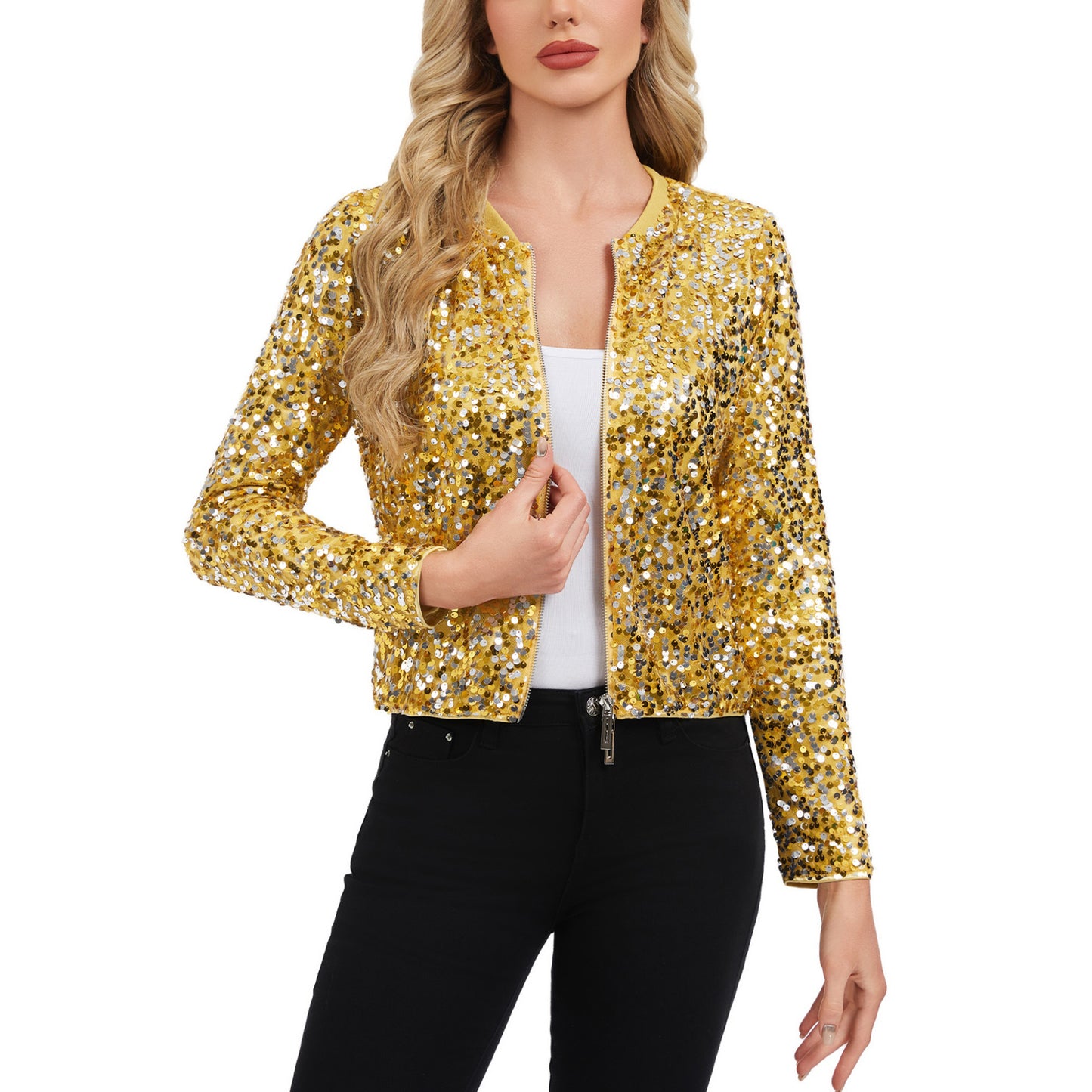 Sequin Bomber Jacket with Zipper Front and Ribbed Trim
