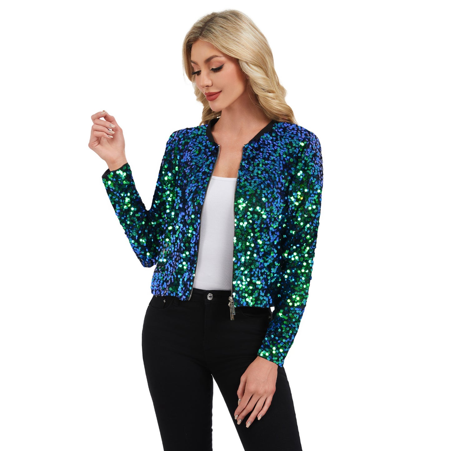 Sequin Bomber Jacket with Zipper Front and Ribbed Trim