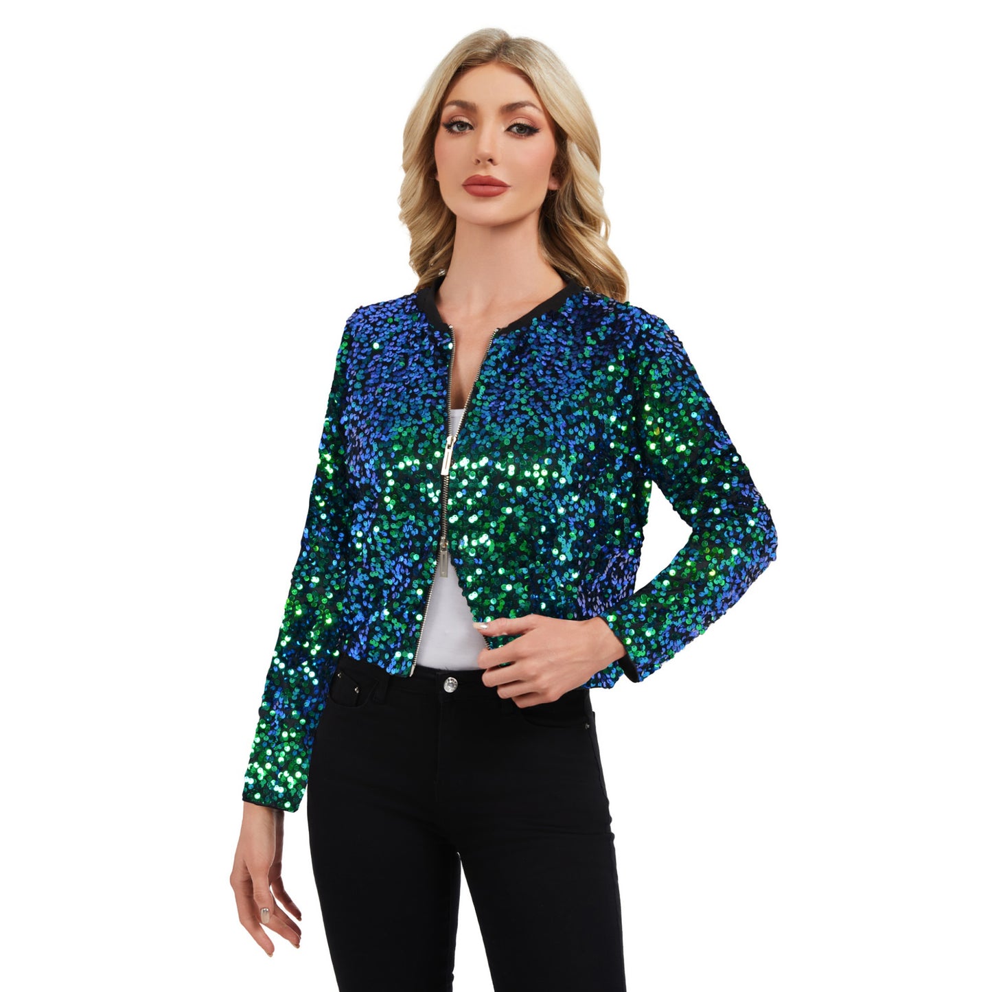 Sequin Bomber Jacket with Zipper Front and Ribbed Trim