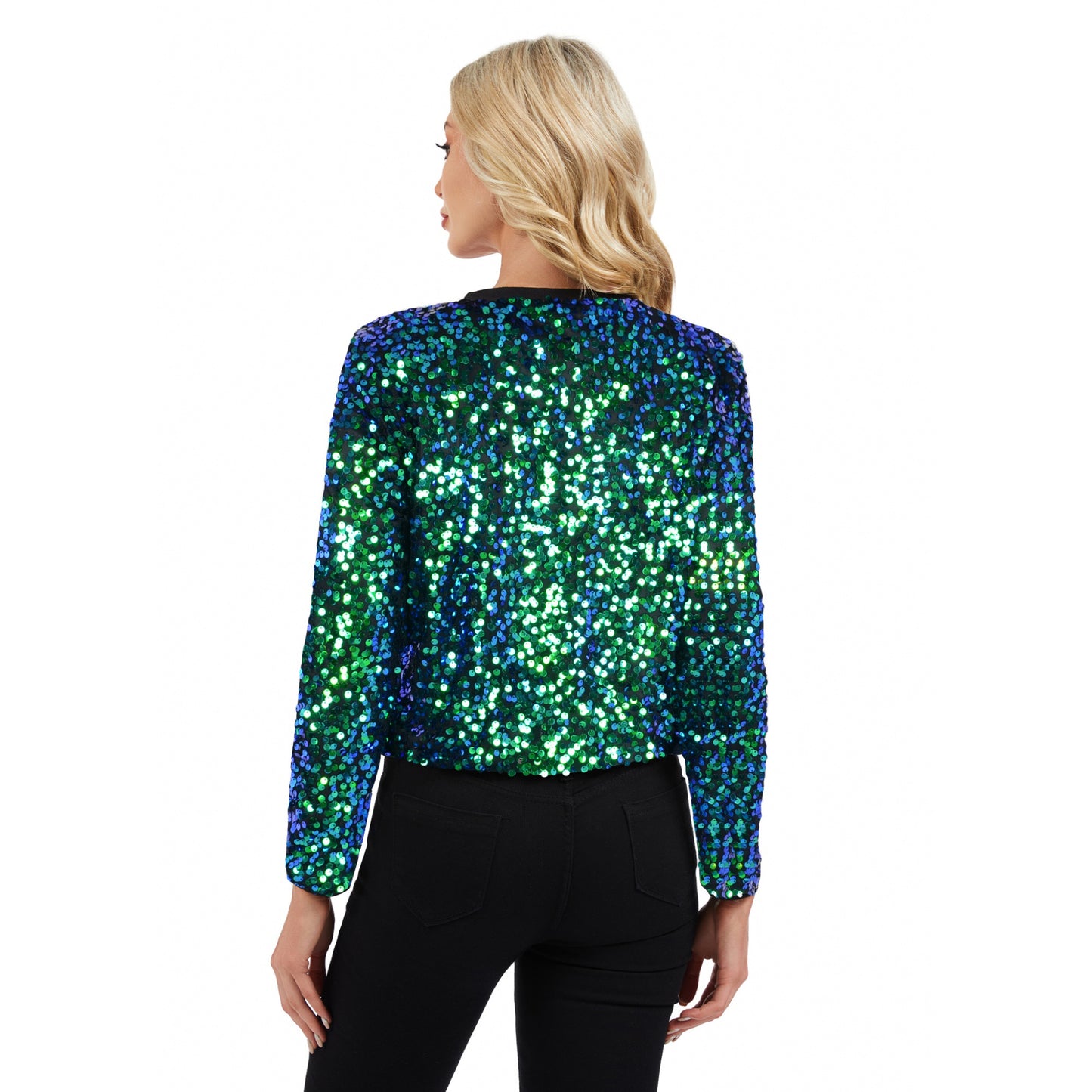 Sequin Bomber Jacket with Zipper Front and Ribbed Trim