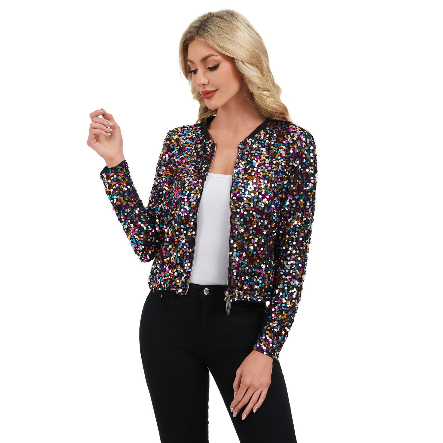 Sequin Bomber Jacket with Zipper Front and Ribbed Trim